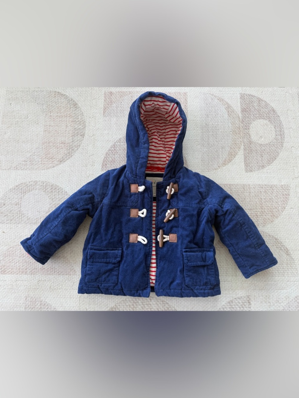Baby Boden Navy Corduroy Hooded Toggle Coat with Red-White Striped Lining